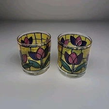 Vintage Stained Glass Look Bar/ Drinking Glasses Floral MCM Set Of 2 Tumblers 