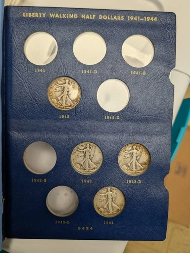 Lot of 8 Liberty Walking 50C, 1942-1946 Circulated/Uncertified With Book