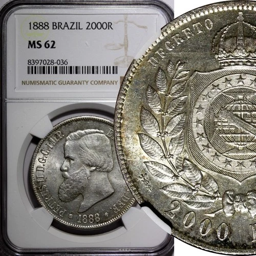 BRAZIL Pedro II Silver 1888 2000 Reis 37 mm NGC MS62 Light Toned KM# 485 (36)