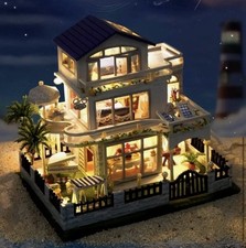 DIY Miniature Dollhouse Villa Kit LED Light Wooden House Model Desk Decor Gift