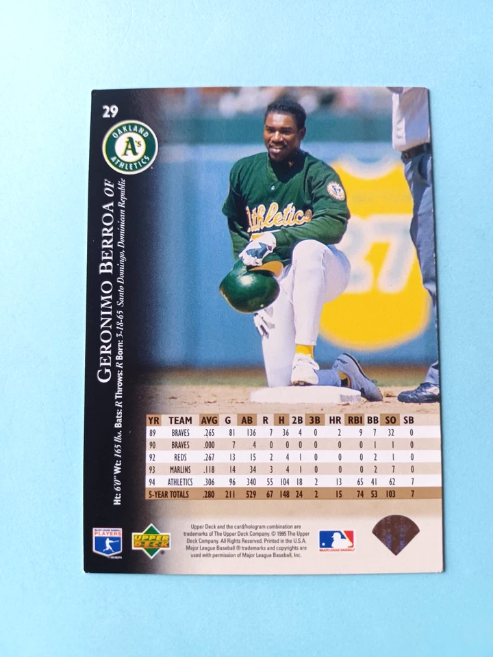 1995 UPPER DECK GERONIMO BERROA #29 ELECTRIC DIAMOND GOLD PARALLEL ATHLETICS - Image 3 of 3