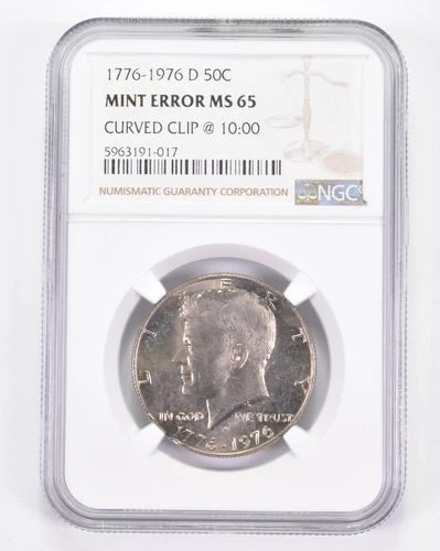 Mint Error MS65 1776-1976-D Kennedy Half Dollar - Curved Clip @ 10:00 NGC *8858