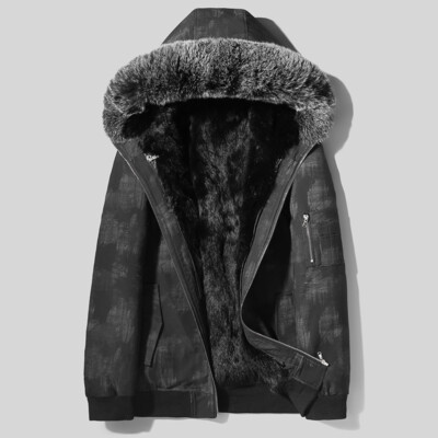 Men's Warm Fox Fur Collar Parka Jacket Detachable Overcoat Rabbit Fur Lined Coat