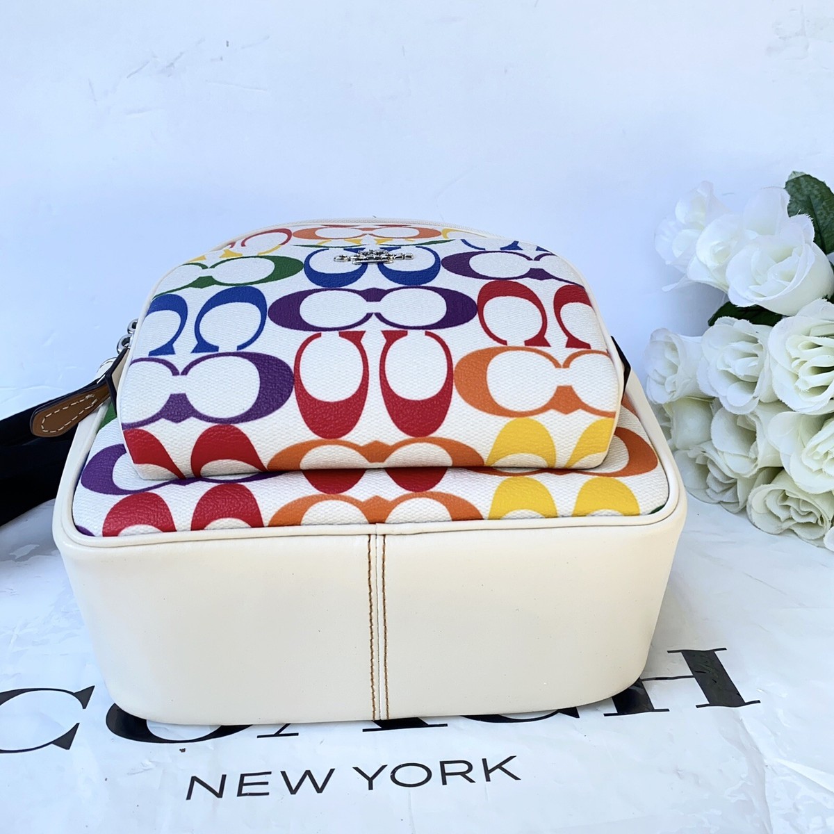 NWT Coach Mini Court Backpack In Rainbow Signature Canvas 