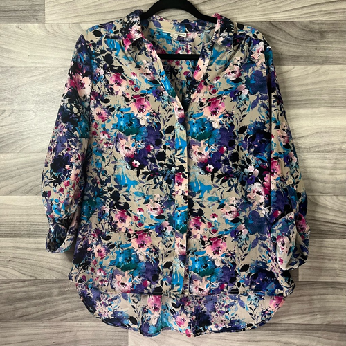 Dana Buchman Button Front Shirt Womens L Pink Floral 3/4 Sleeve Roll Tab Collar