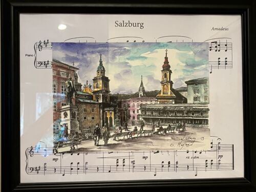 Impression aquarelle encadrée de Salzbourg Autriche sur partition musique Amadeus - Photo 1 sur 15