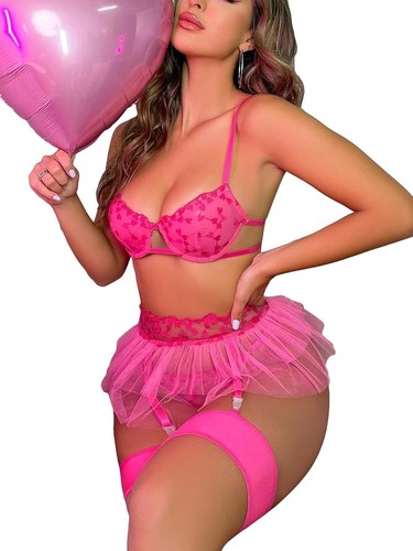 Women's Sexy Lingerie Set Embroidered Mesh Lace Bra and Panty with Garter Belt - Picture 9 of 27