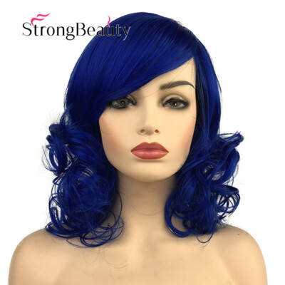 Short Blue Curly Wavy Medium Length Women Wig Synthetic Lady