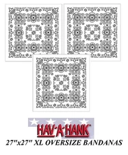 3 Hav-A-Hank XL BIG SIZE WHITE PAISLEY 27" BANDANNA Head Wrap Face Mask Scarf b