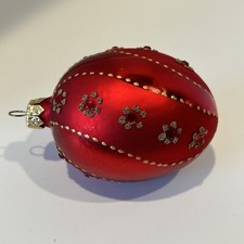 Large Egg-Shaped Jeweled and Glitter Glass Christmas Ornament 4" x 3"