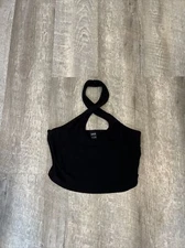 Womens Shein Black Ribbed Cropped Tank Top Shirt Halter Size Medium