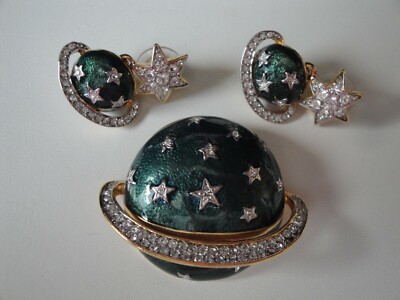 VINTAGE BUTLER WILSON Signed Saturn Brooch Earrings SET