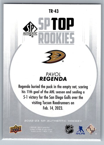 2022-23 SP Auténtico #TR-43 Pavol Regenda Top Novatos Anaheim Ducks - Imagen 2 de 2