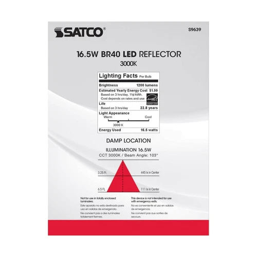 Satco S9639 16.5W =85W BR40 LED Very Wide Flood 103° Medium E26 3000K Warm White - Picture 7 of 10