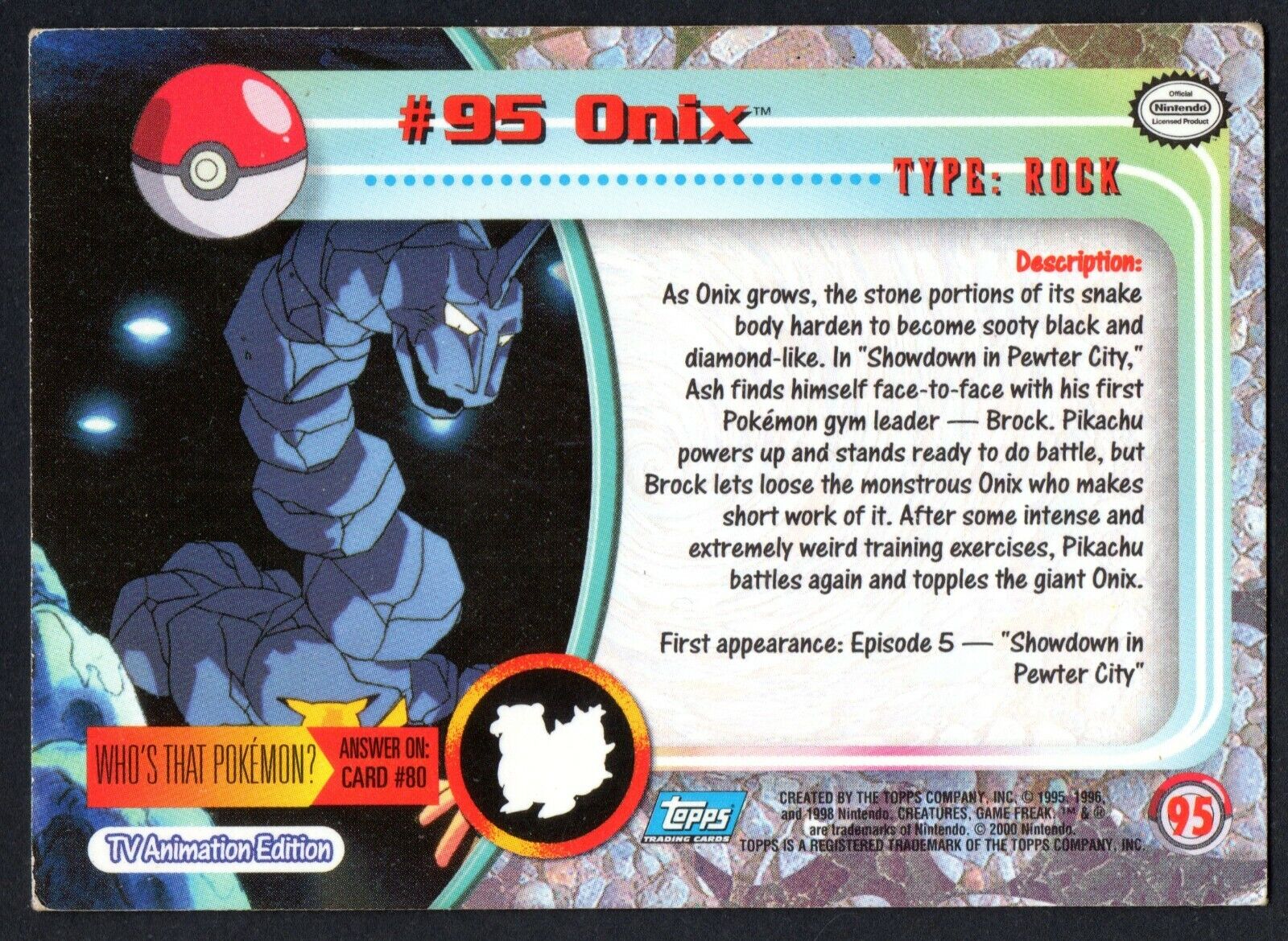 ONIX CARD #95 POKEMON TRADING CARD COLLECTION TOPPS 1999-2000 HOLO / FOIL