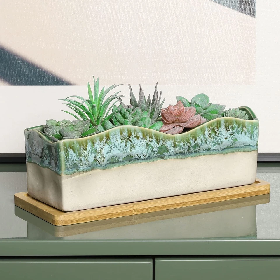MyGift Green Beige Glazed Ceramic Succulent Planter with Removable Bamboo Tray - Image 3 of 4