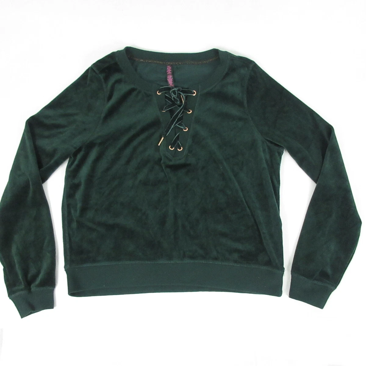 Betsey Johnson Performance Velour Sweatshirt Dark Green Lace Up V