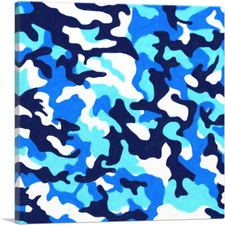 ARTCANVAS Navy Blue Baby White Teal Camo Camouflage Pattern Canvas Art Print