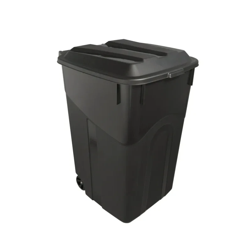 Bote de basura de plástico de alta resistencia con ruedas Hyper Tough de 45 galones, tapa adjunta, negro Foto 2 de 4