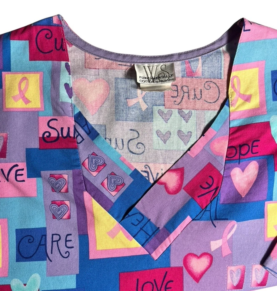 White Swan Scrub Top Women’s Large Pink Ribbons Hearts Pockets 100% Cotton - Image 3 of 4