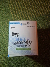 L'eggs Sheer Energy Women's Control Top 2 pair Pantyhose Size B Jet Black. NWT