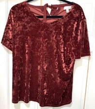 14TH & UNION PULLOVER TOP BLOUSE SZ L CRUSHED VELVET BACK TIE KEYHOLE S/S RED