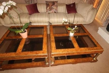 Pair of Drexel Glass-Top Coffee Tables – Warm Wood, Gold Trim, Double Shelf