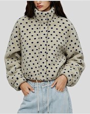 Women s Ivory/Blue Polka Dot Cropped Jacket Size S Oversized Zip Pockets