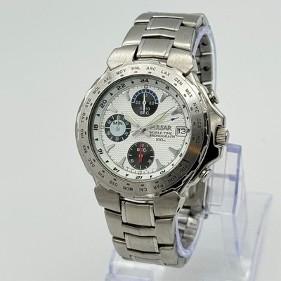 Vintage 1999 Men's PULSAR Chronograph World Time All Steel Watch, 42mm V657-8080