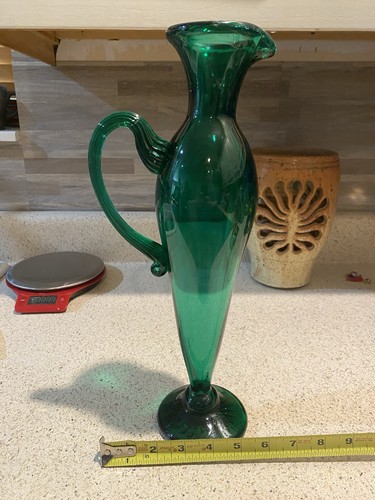 Vintage Mid Century Modern Hand Blown Art Glass Green Handled Pitcher - Picture 2 of 14