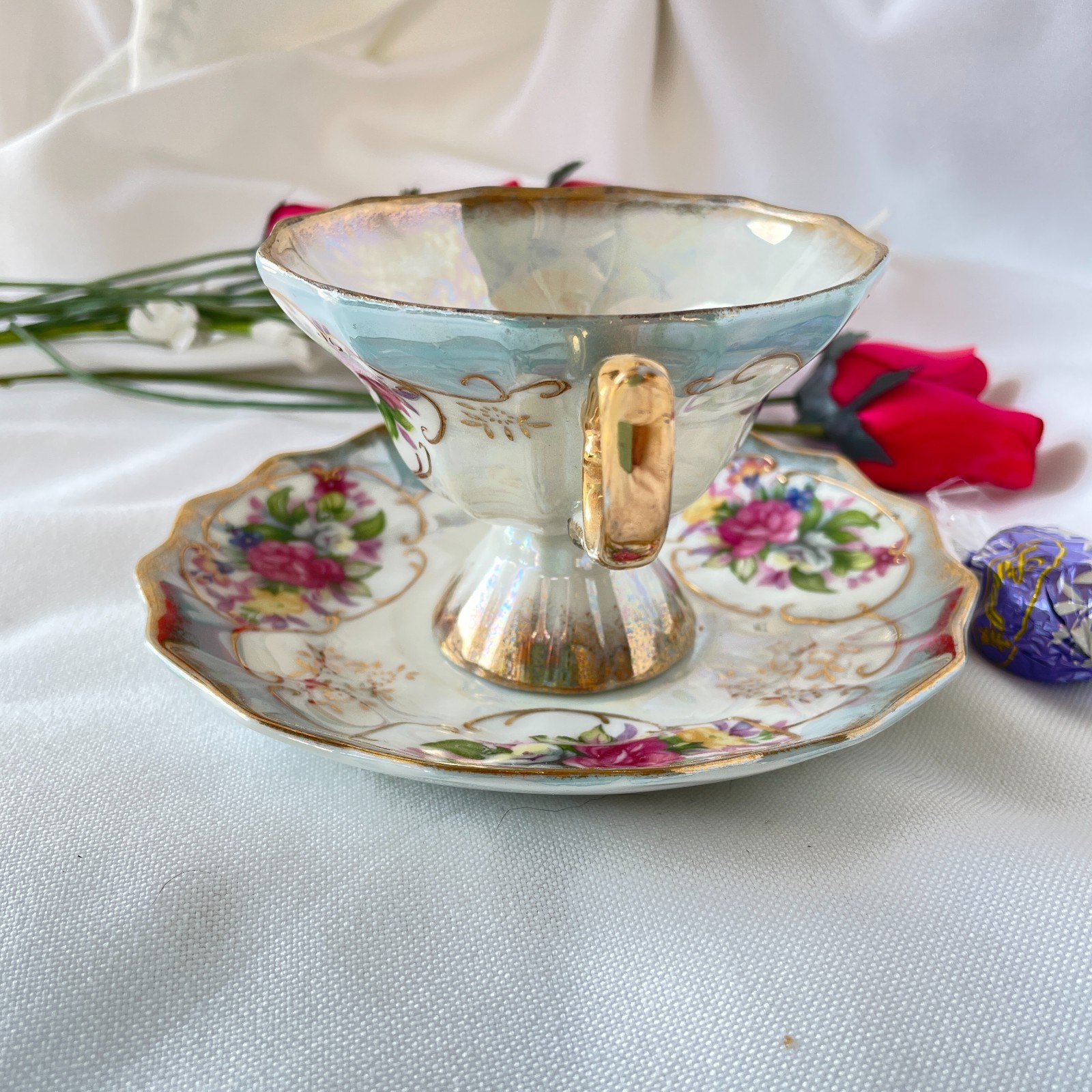 Vintage Bone China Lusterware Footed Teacup Saucer Pink Roses Japan (West Pac?)