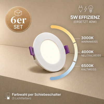 6er Set LED Einbaustrahler 5W Deckeneinbauleuchte CCT Farbwahl Flach Einbauspot