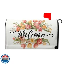 Spring Welcome Mailbox Covers Magnetic Standard Size 21x18in Farmhouse Tulips