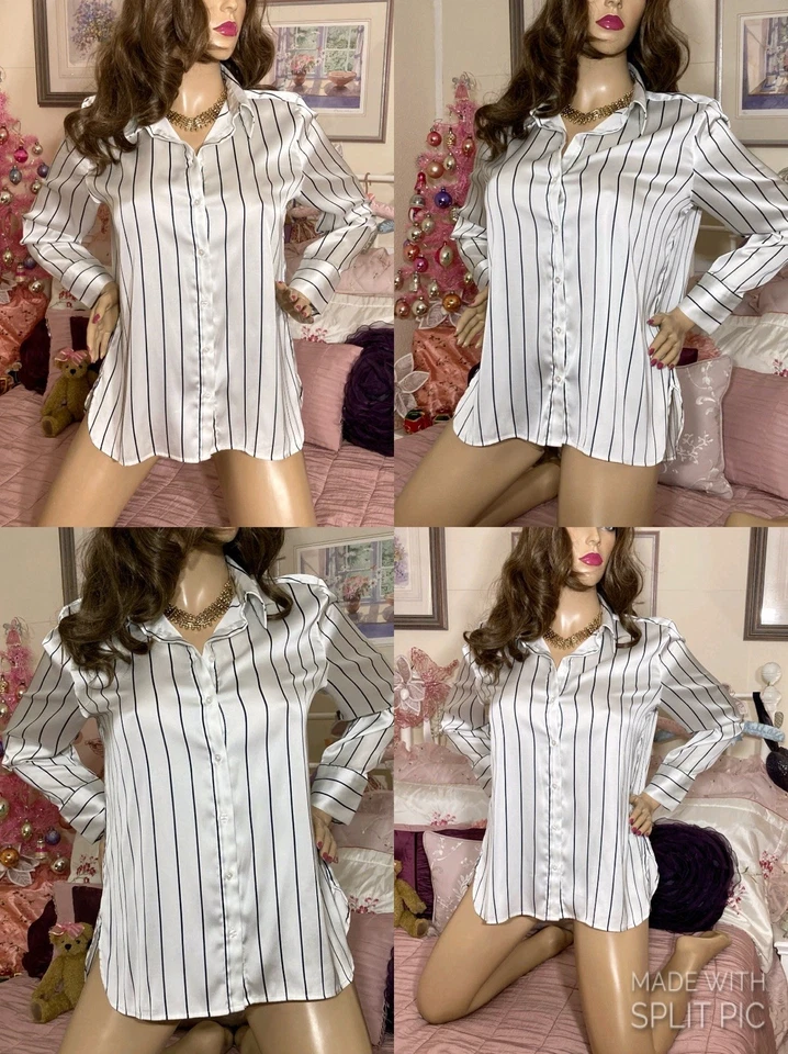 HIGH GLOSS WET LOOK MIRROR SHINE LIQUID SATIN Sexy Secretary Mistress Blouse L - Image 3 of 4