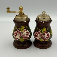 Vintage Wooden Salt Pepper Grinder Set Hand Painted Floral Brass Pepper Mill