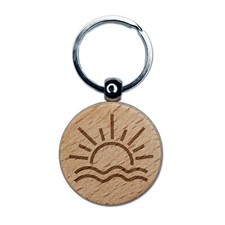 Sun and Waves Sunrise Sunset Engraved Wood Round Keychain Tag Charm