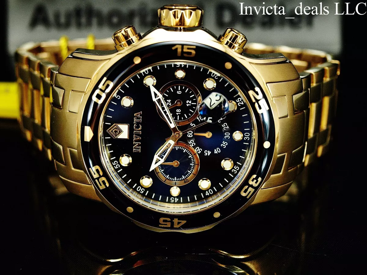 Invicta Men 48mm Pro Diver SCUBA Chronograph Black Dial 18k Gold Plated SS  Watch