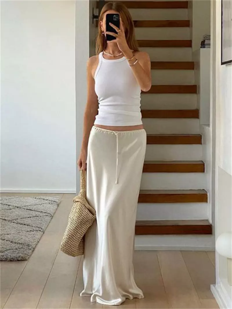 Drawstring Satin Skirt Beige Long Maxi eBay