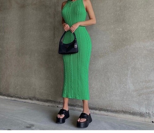 Zara Green Cable Knit Long Maxi Dress 