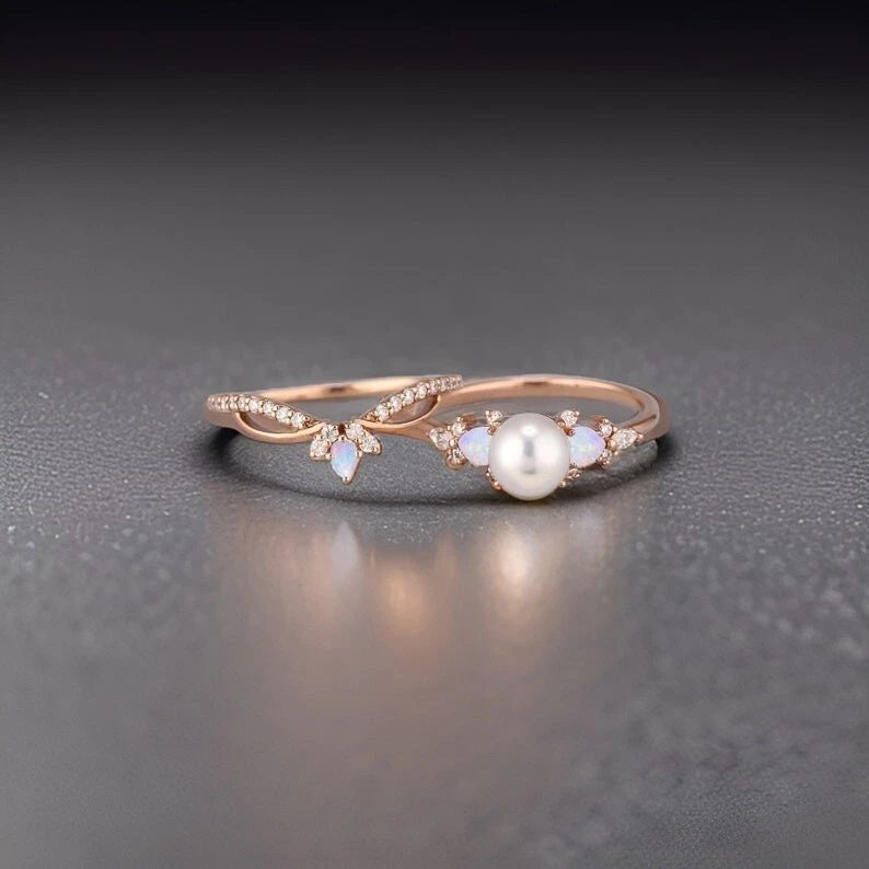 Juego de anillos de compromiso para mujer enchapados en oro de 14K de plata 925 ópalos naturales y perlas Foto 2 de 4