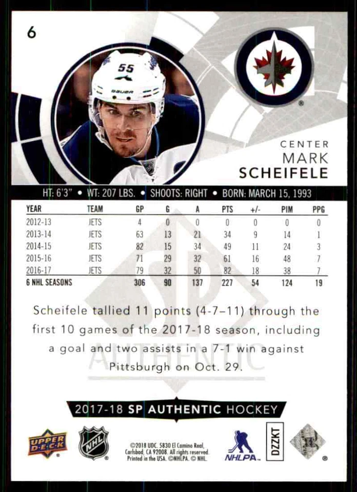 2017-18 Upper Deck SP Authentic Mark Scheifele #6 - Image 2 of 2