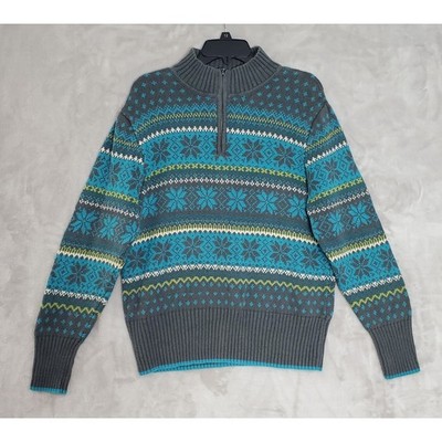 Vtg Nomadic Traders1/4 Zip Sweater Womens XL Blue Green Fair Isle Nordic EUC