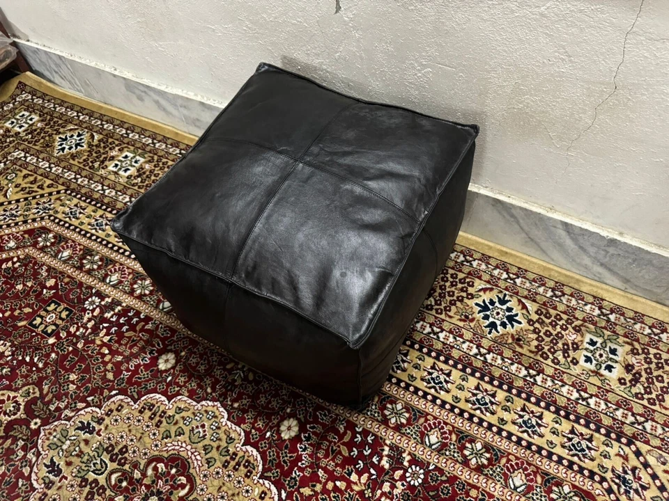 Moroccan Boho Leather Footstool Handmade Genuine Pouffe Classic - Image 4 of 4