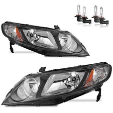 Pair Headlights Black Wbulbs For 2006-2011 Honda Civic Sedan 4-door Headlamps