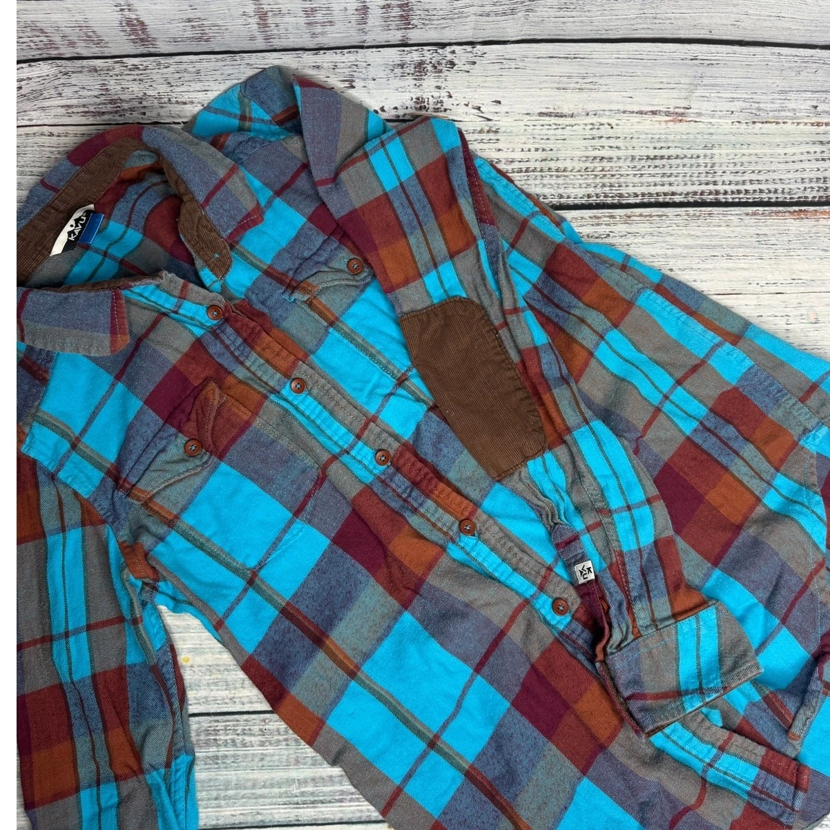 KAVU Plaid Flannel Shirt Blue Button Front Outdoor Hiking Casual Sm