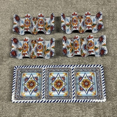 Prepara Taco Holder Yellow Red Set Floral Fiesta 3 Section Serving Tray Melamine