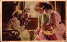 Antique Postcard Old Black Woman Telling The Fortune Of Two Young Women 1909