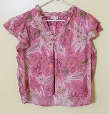 JENNIFER & GRACE Women's Ruffled V-Neck Top Boho Cottagecore PINK FLORAL Size XL