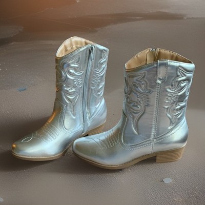 SODA Silver Western Cowgirl Mid-Calf Zip Boots Low Block Heel (Size 4)