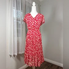Indigo Rose Red & Ivory Floral Print Short Sleeve Pleated Relaxed Fit Midi Dress
